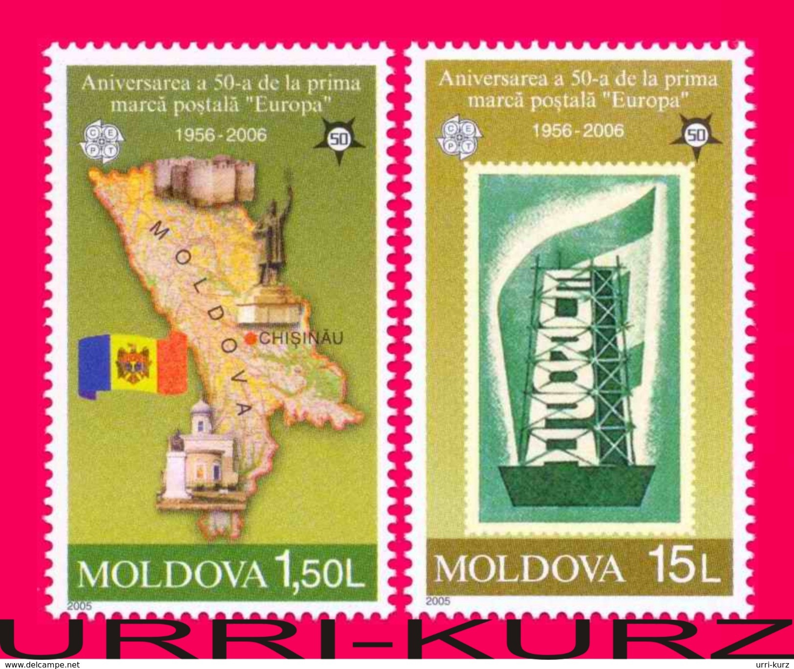 MOLDOVA 2005 Europa CEPT First Issuing 50th Anniversary Map Flag Stamp On Stamp 2v Mi517-518 Sc496-497 MNH - Géographie