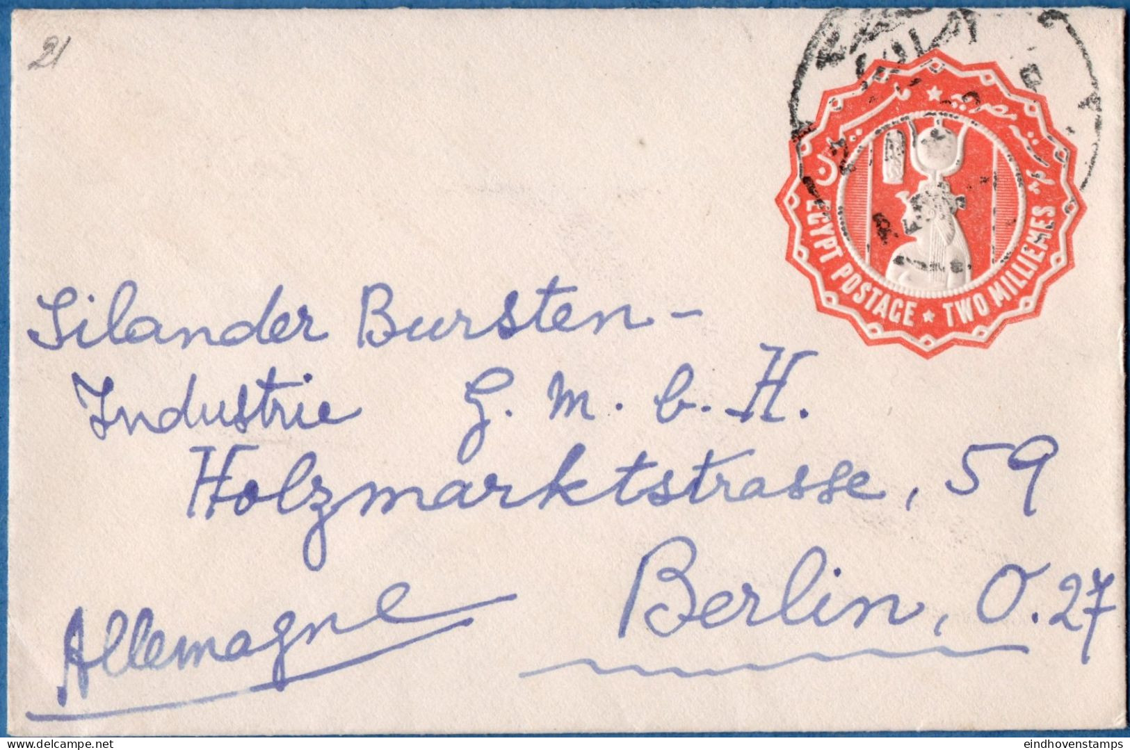 Egypt 1922 Envelope 2 Milliemes Orange, Watermark, Used, Postal Stationery, Tear In Flap - Brieven En Documenten