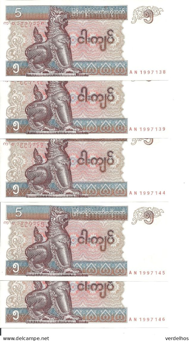 MYANMAR 5 KYATS 1996 UNC P 70 ( 5 Billets ) - Myanmar