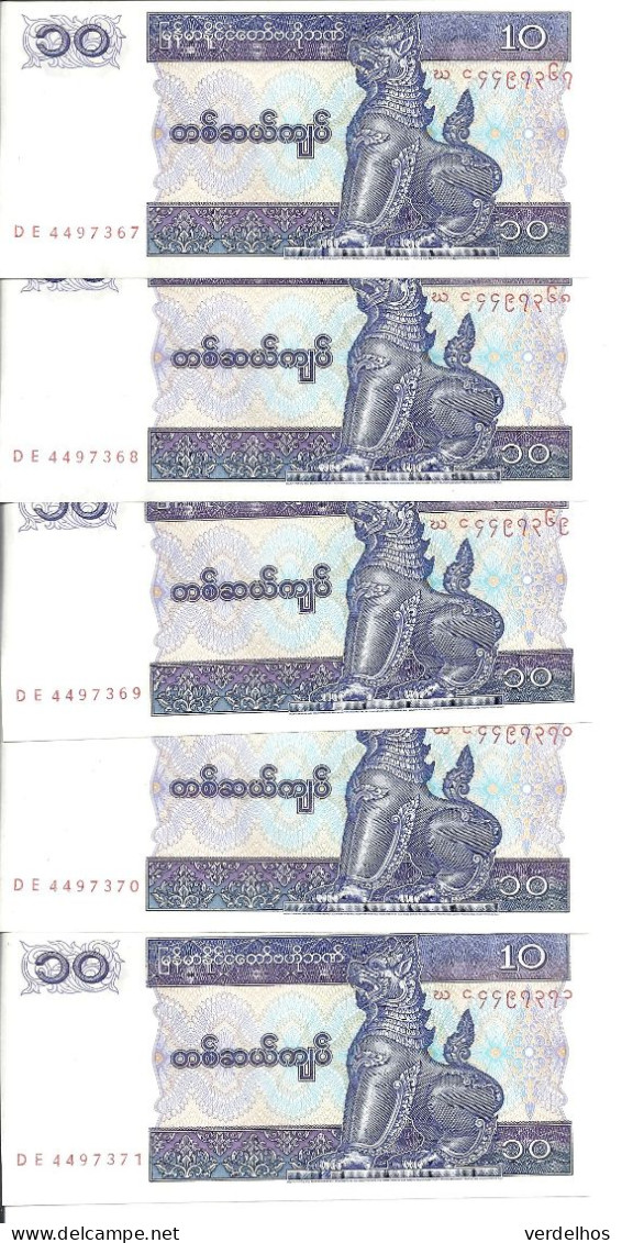 MYANMAR 10 KYATS 1996 UNC P 71 ( 5 Billets ) - Myanmar