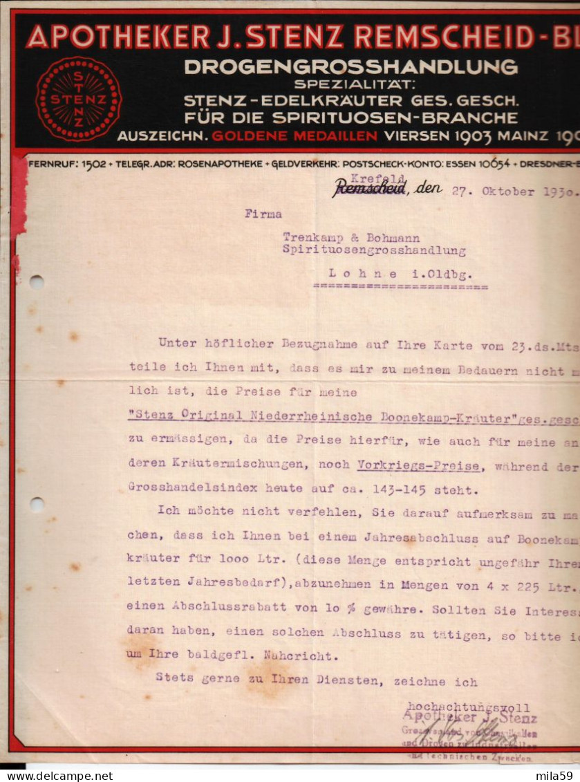 Apotheker J. Stenz Remscheid. Drogengrosshandlung.  Für Trenkamp & Bohmann, Spirituosengrosshandlung, Lohne. 1930. - 1900 – 1949