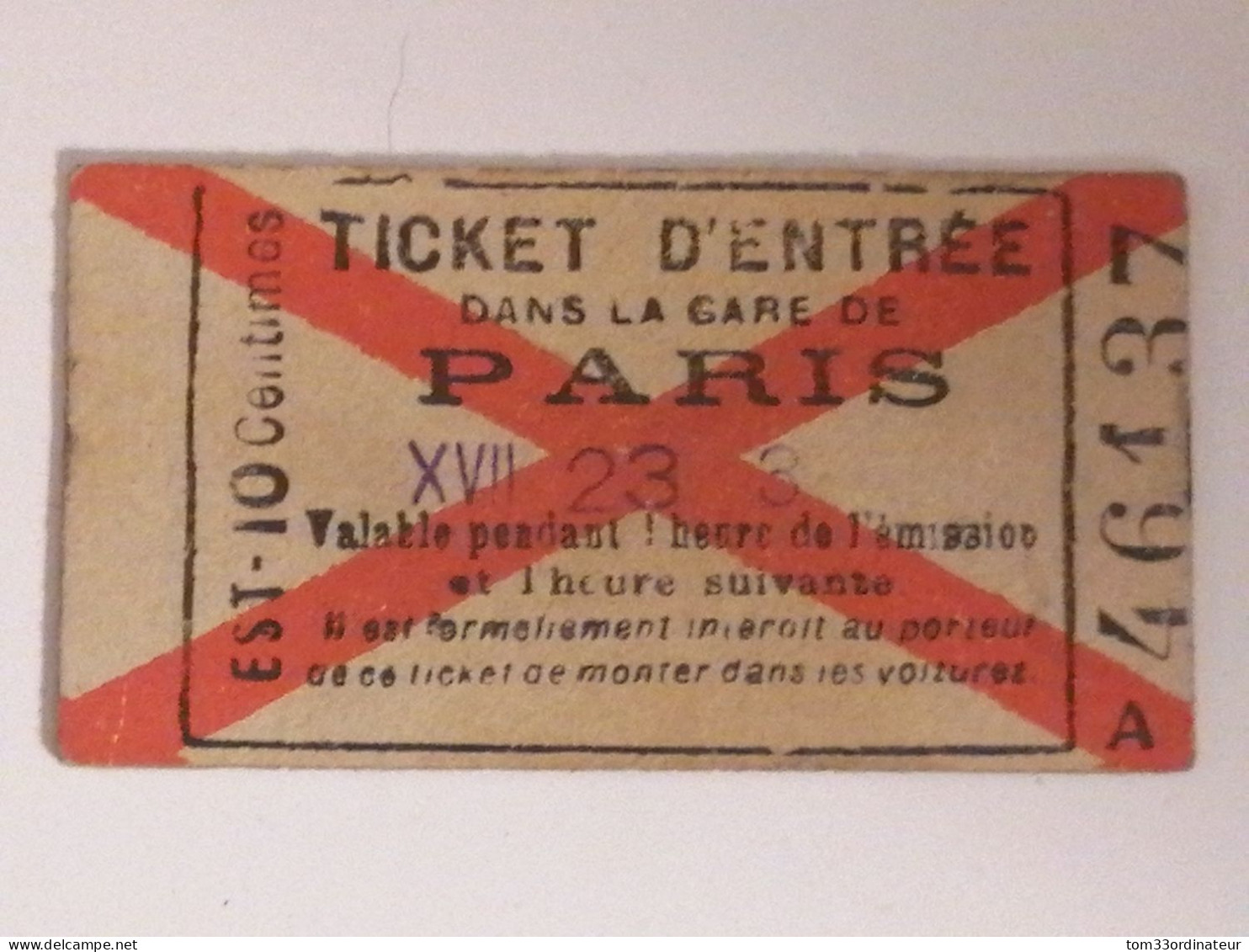 Chemin De Fer De L Est, Ticket D'entrée En Gare - Other & Unclassified