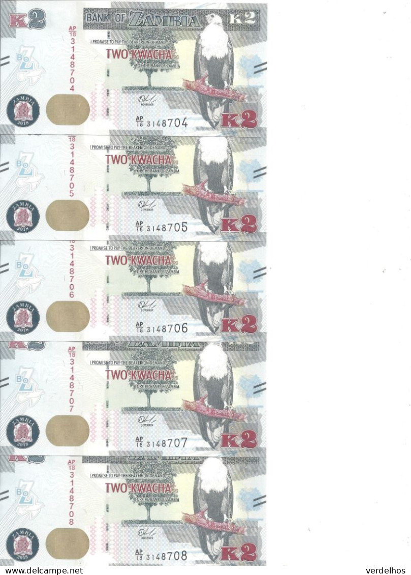 ZAMBIE 2 KWACHA 2018 UNC P 56 B ( 5 Billets ) - Zambia