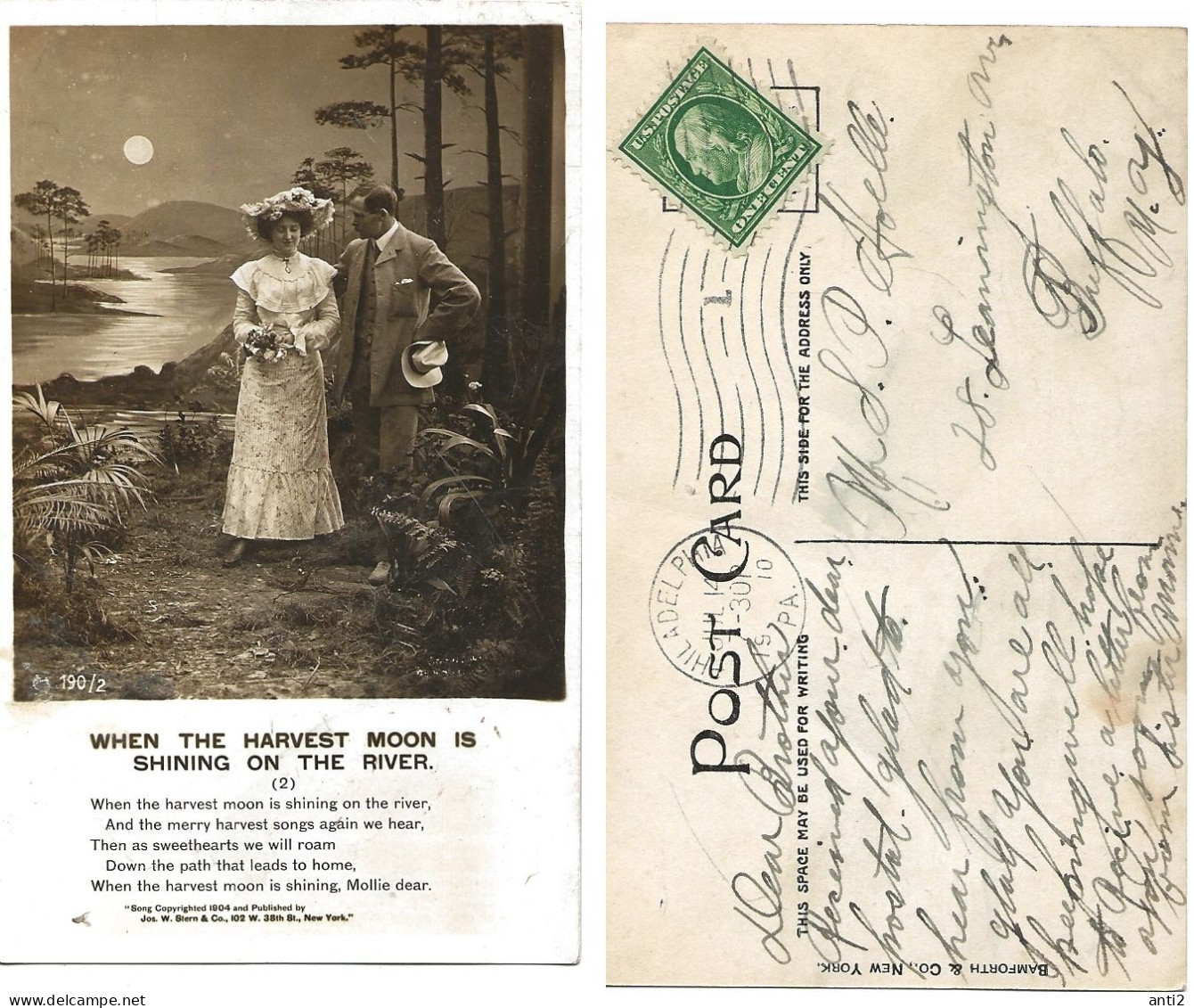 USA  Postal Card  "The Harvest Moon" Cancelled Philadelphia  Jul 14 1910 - Philadelphia