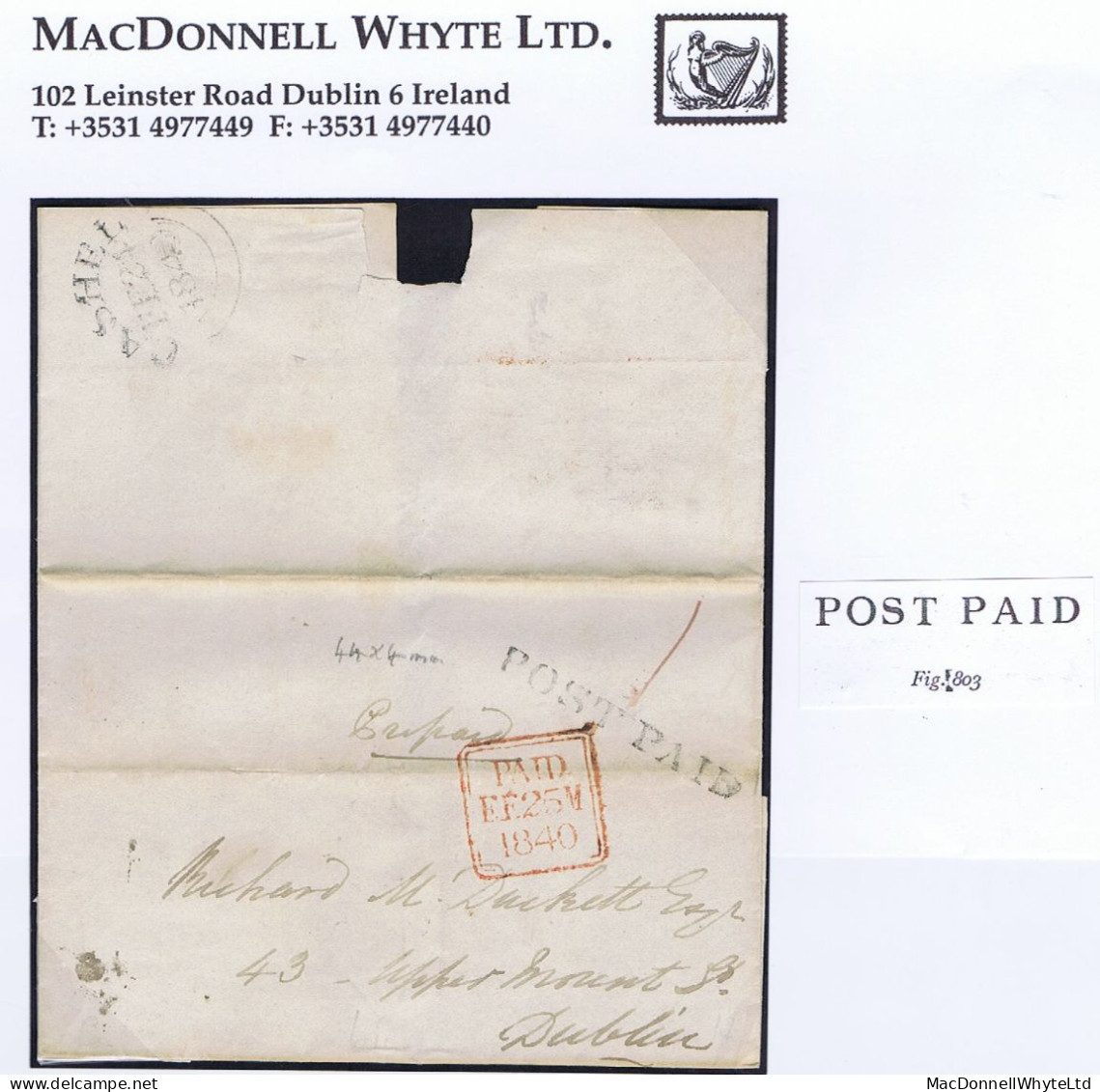 Ireland Tipperary Uniform Penny Post 1840 Cover To Dublin With Unframed POST PAID Of Cashel, CASHEL FE 24 1840 Cds - Préphilatélie