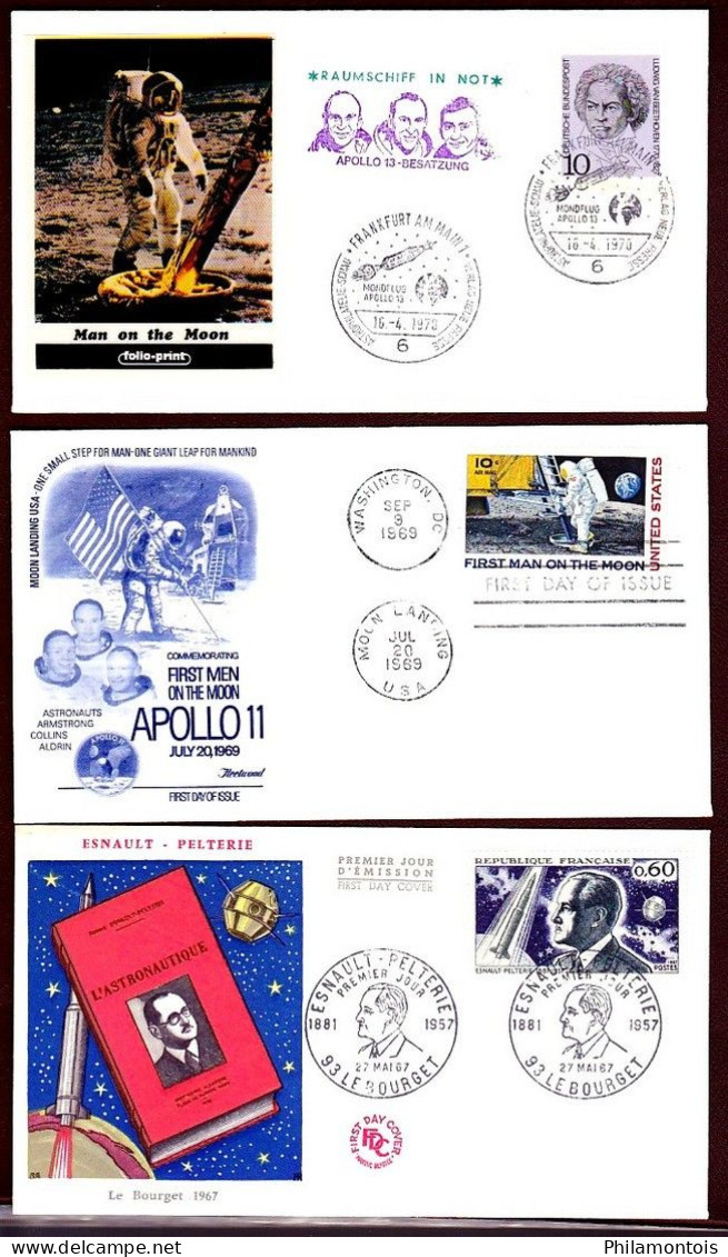 Collection - Thèmes "Homme Sur La Lune - Conquête De L'espace - Apollo 13" - Ensemble D'enveloppes Premier Jour. - Collections