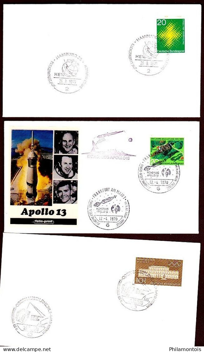 Collection - Thèmes "Homme sur la Lune - Conquête de l'espace - Apollo 13" - Ensemble d'enveloppes Premier Jour.