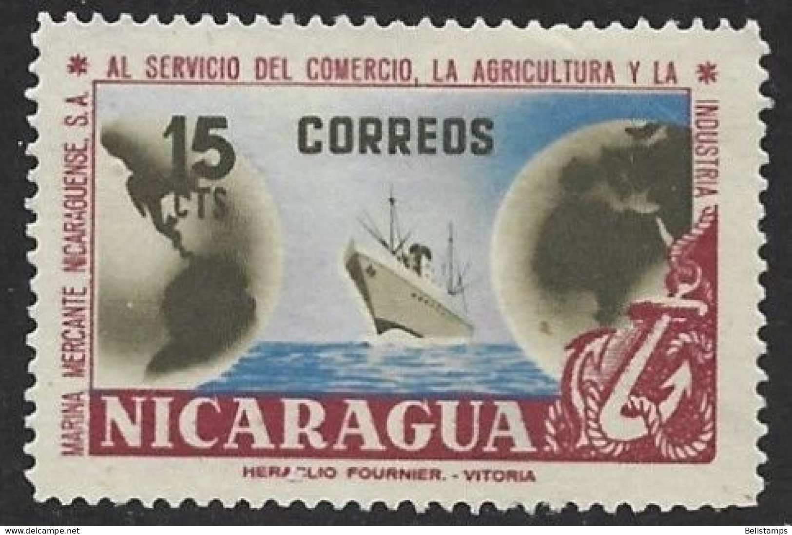 Nicaragua 1957. Scott #798 (U) Ship Between Globes - Nicaragua