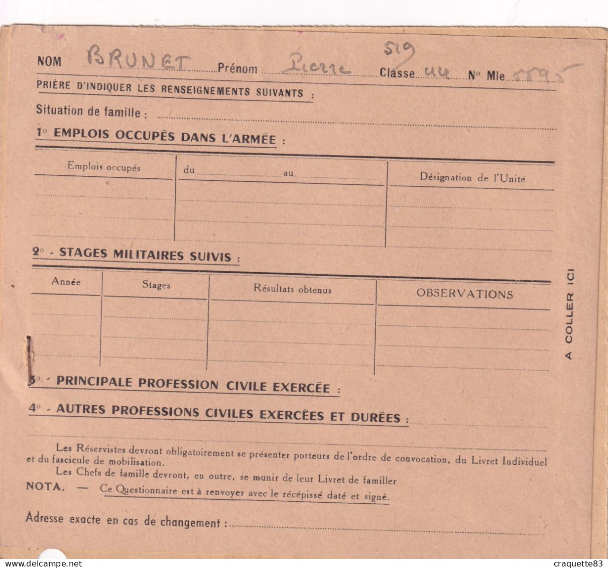 RECEPISSE  VALENCIENNES  1944 N° MATRICULE 5595 SE RENDRE A VANNES AU 10 R.A.A.  POUR EXERCICES DE 21 JOURS - Documenti