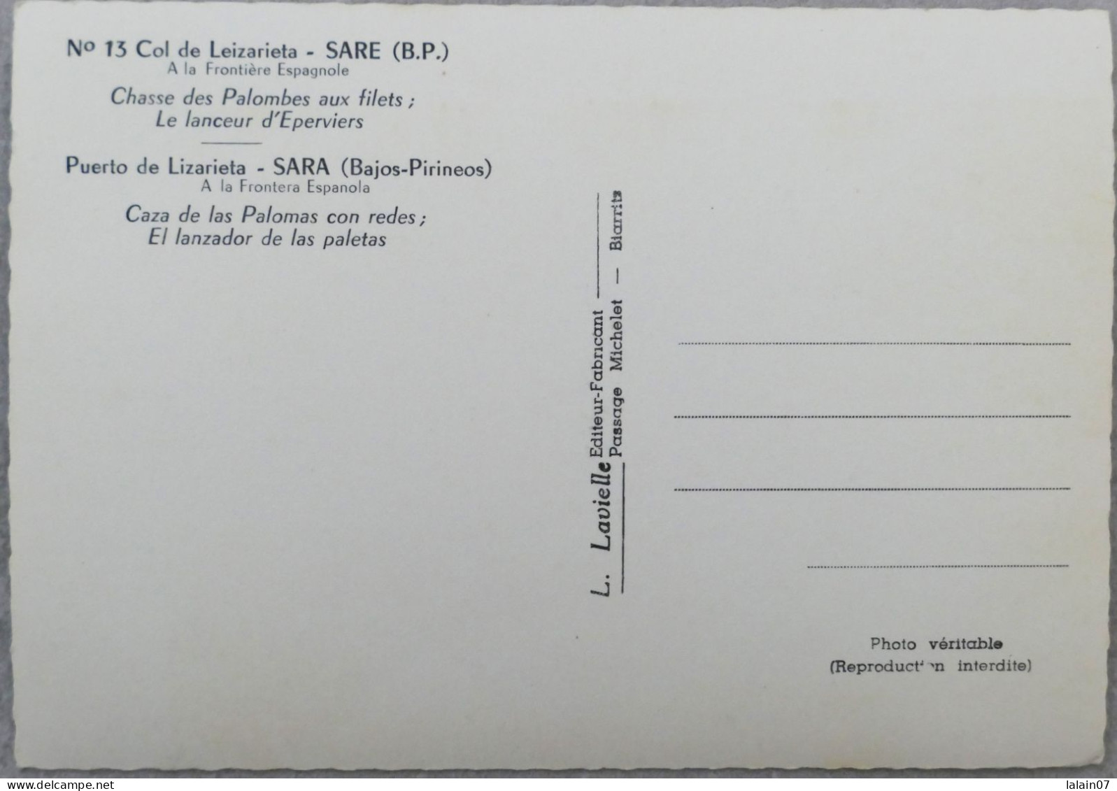 Carte Postale : 64 : SARE : Chasse Des Palombes Aux Filets : Le Lanceur D'Eperviers - Sare