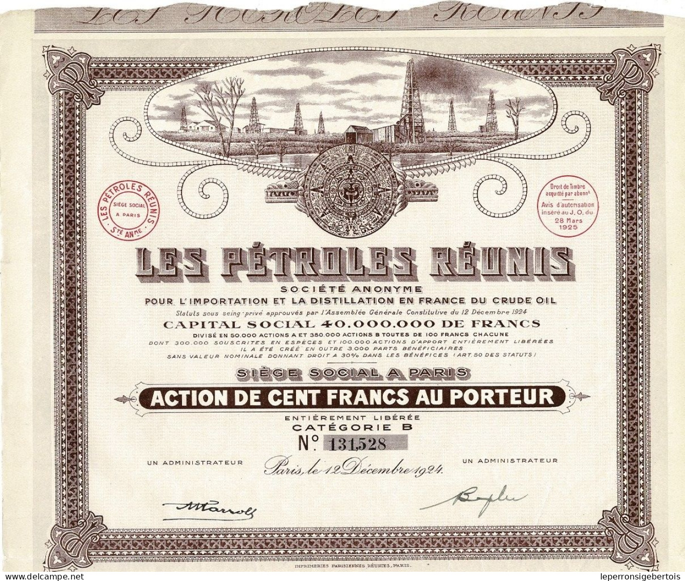 - Titre De 1924 - Les Pétroles Réunis - S.A. Pour L'Importation Et La Distillation En France Du Crude Oil - Déco - Erdöl