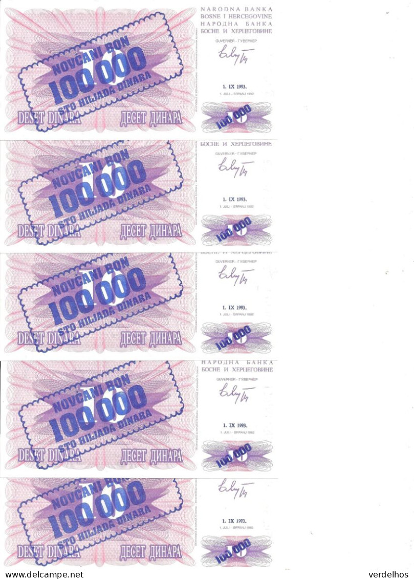 BOSNIE-HERZEGOVINE 100000 DINARA 1993 UNC P 34 A ( 5 Billets ) - Bosnië En Herzegovina