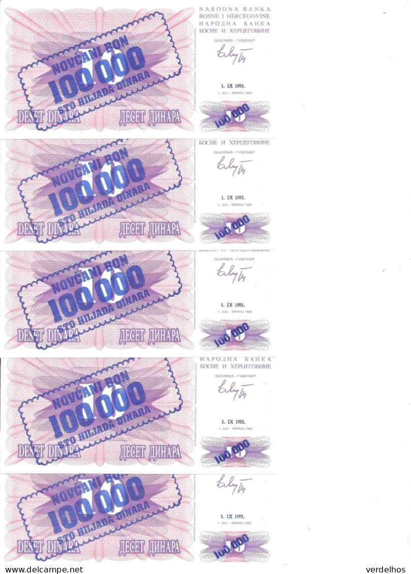 BOSNIE-HERZEGOVINE 100000 DINARA 1993 UNC P 34 A ( 5 Billets ) - Bosnia Erzegovina