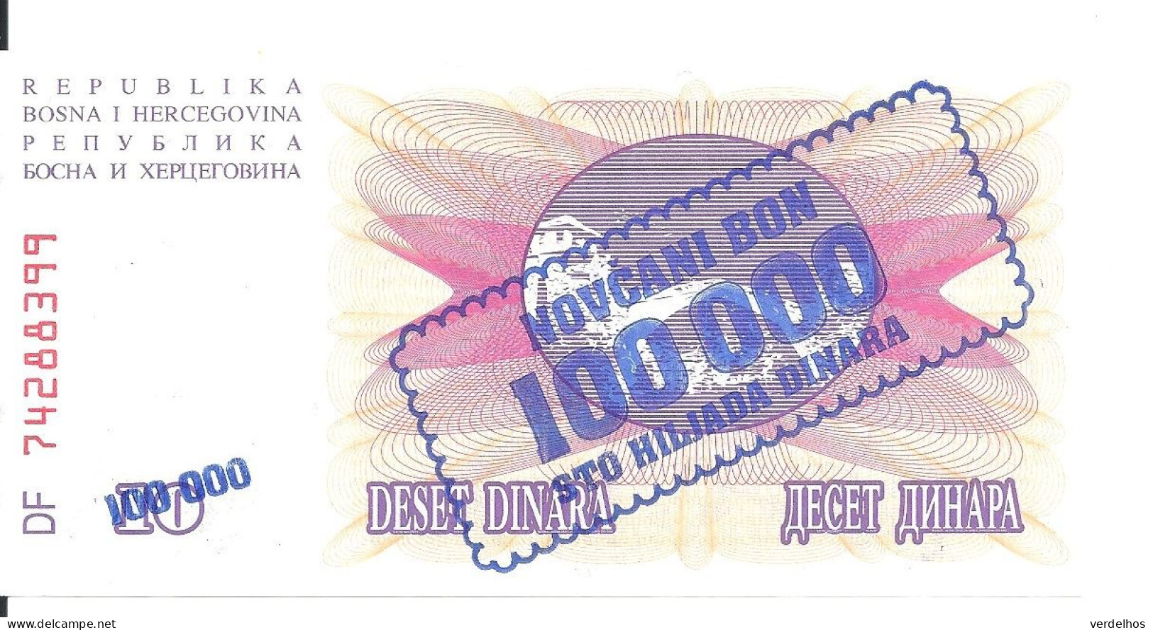 BOSNIE-HERZEGOVINE 100000 DINARA 1993 UNC P 34 A - Bosnia Erzegovina