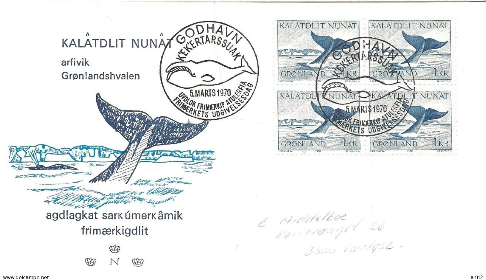 Greenland 1970 Greenland's Wildlife, Bowhead Whale (Balaena Mysticetus)  Mi 75 In Bloc Of Four Cancelled(o) - Briefe U. Dokumente