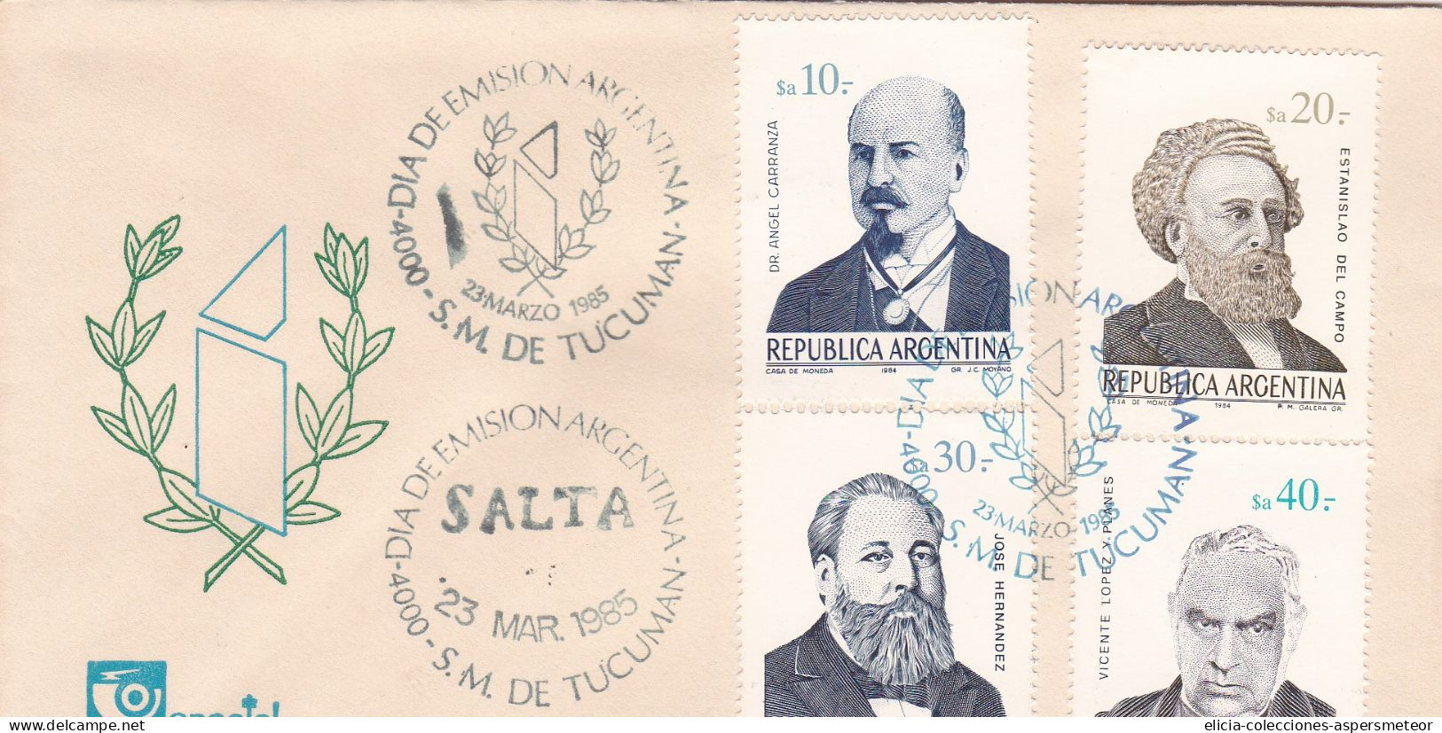 Argentina - 1985 - FDC - Dr. Carranza / Del Campo / Hernandez / Vte. Lopez Y Planes Stamps  - Encotel Envelope - Caja 30 - FDC