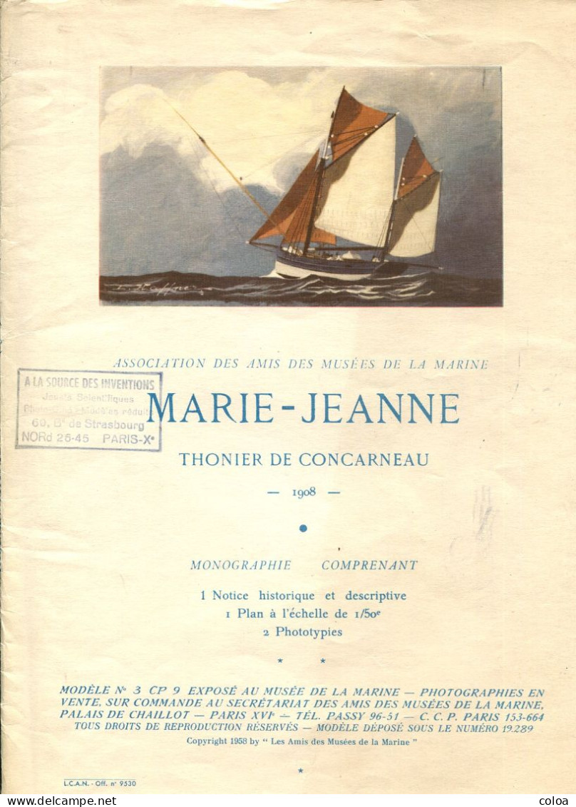 Association Des Amis Du Musée De La Marine Maquette Plans Marie Jeanne Thonier De Concarneau 1908 - Bâteaux