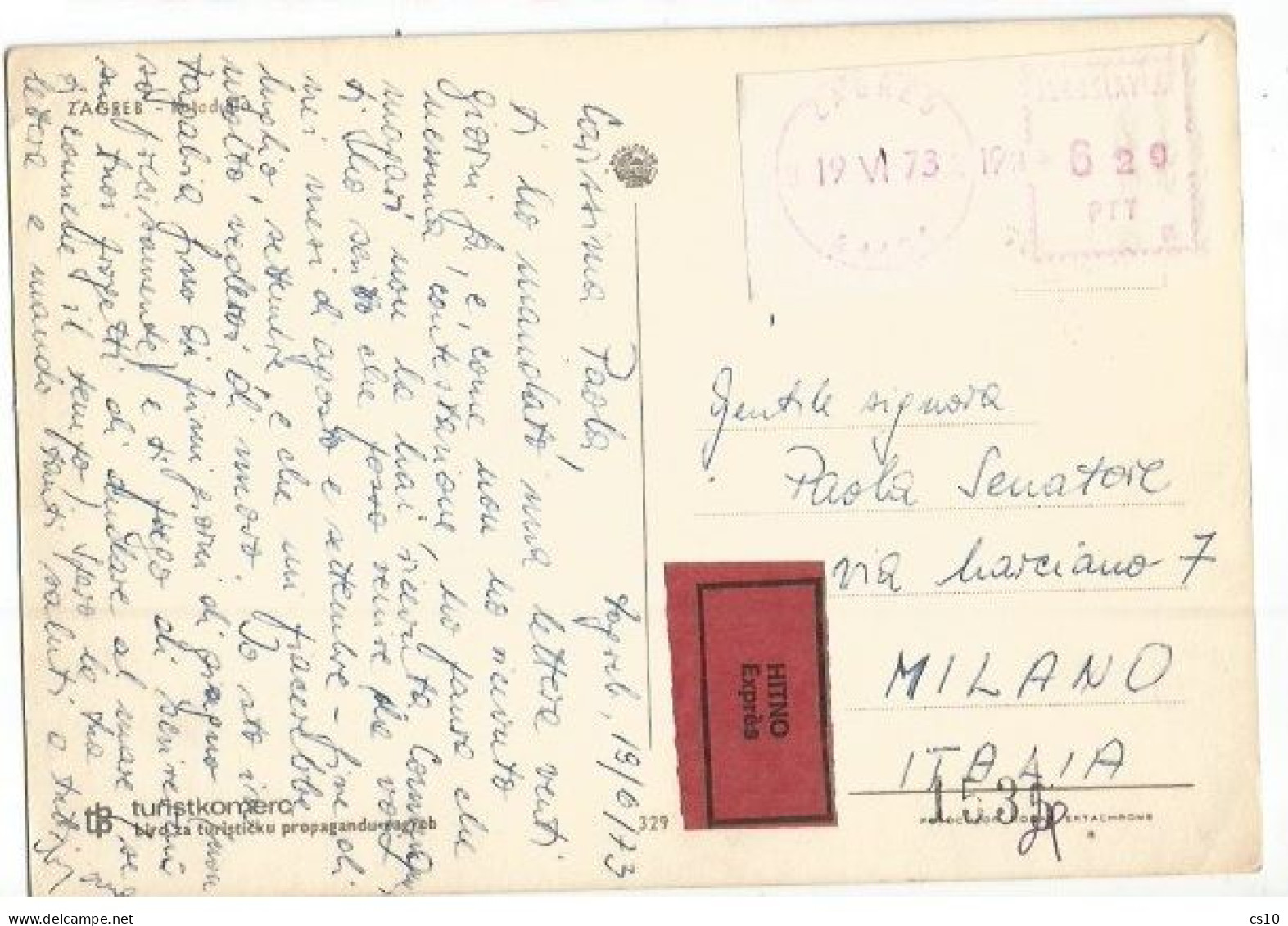 Jugoslavija Color PPC Zagreb Express Mail 19jun1973 To Italy Franked With Red EMA  Din.6.20 - Lettres & Documents