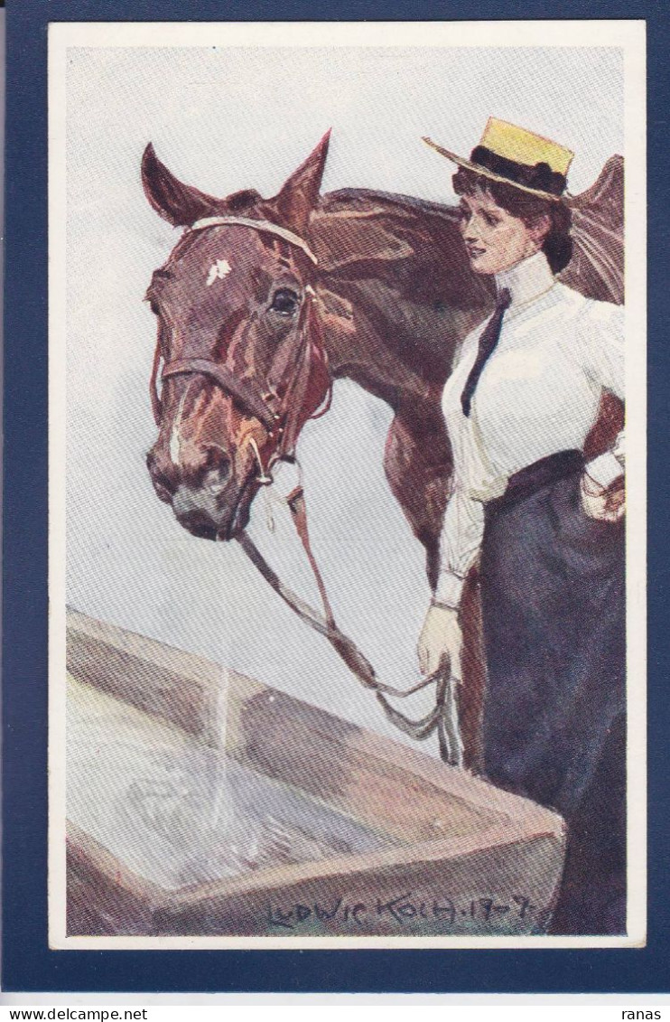 CPA Cheval + Femme Woman écrite Illustrateur Ludwic KOLH Koch - Pferde