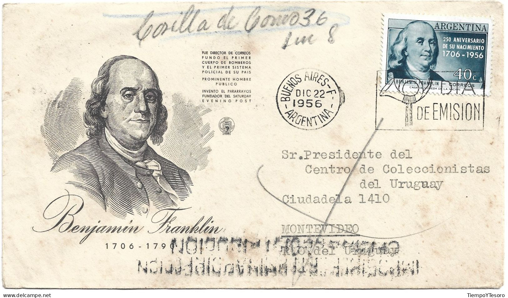 First Day Cover - Argentina, Benjamin Franklin, 1956, N°622 - FDC