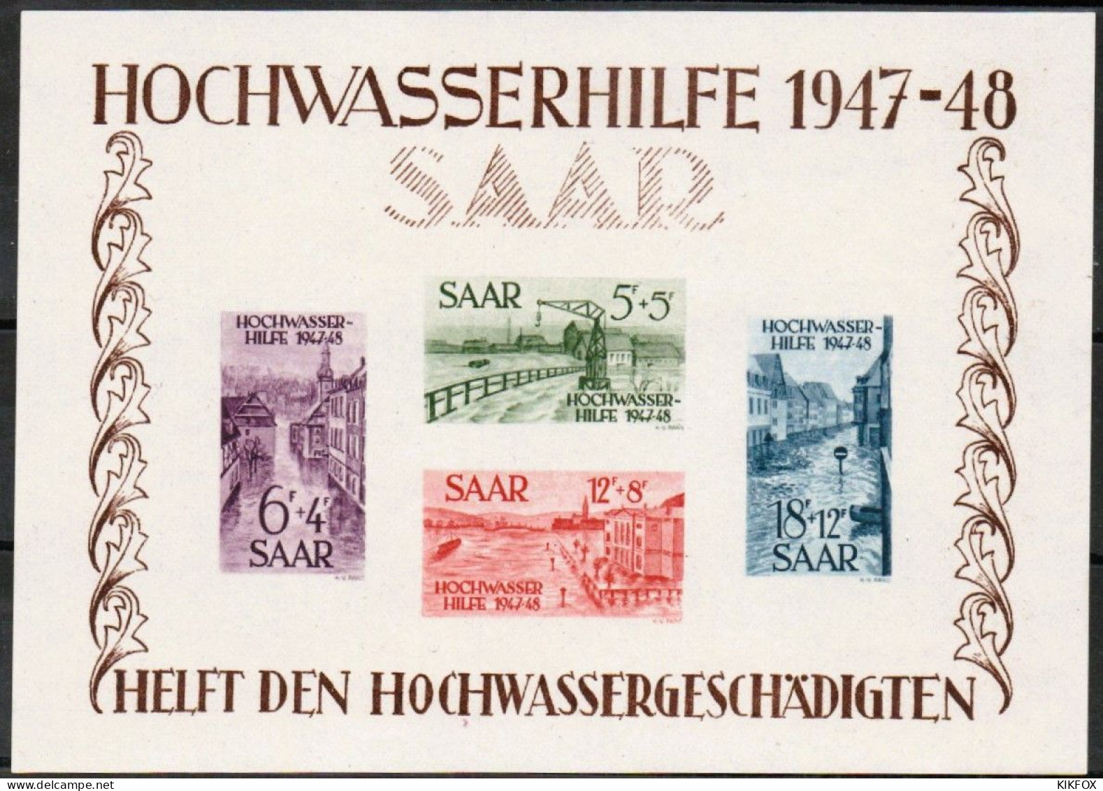 SAARLAND, SARRE, 1948, Block 1 , HOCHWASSERHILFE MIT MINIMALEN HAFTSPUREN , UNGEBRAUCHT - Blocks & Kleinbögen