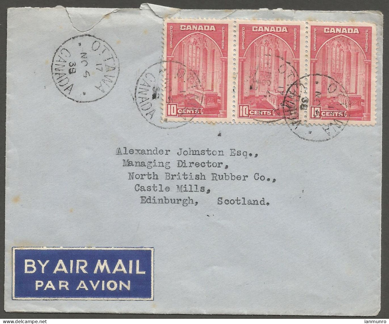 1939 Airmail Cover 30c Transatlantic Rate CDS Ottawa Ontario To Scotland - Histoire Postale