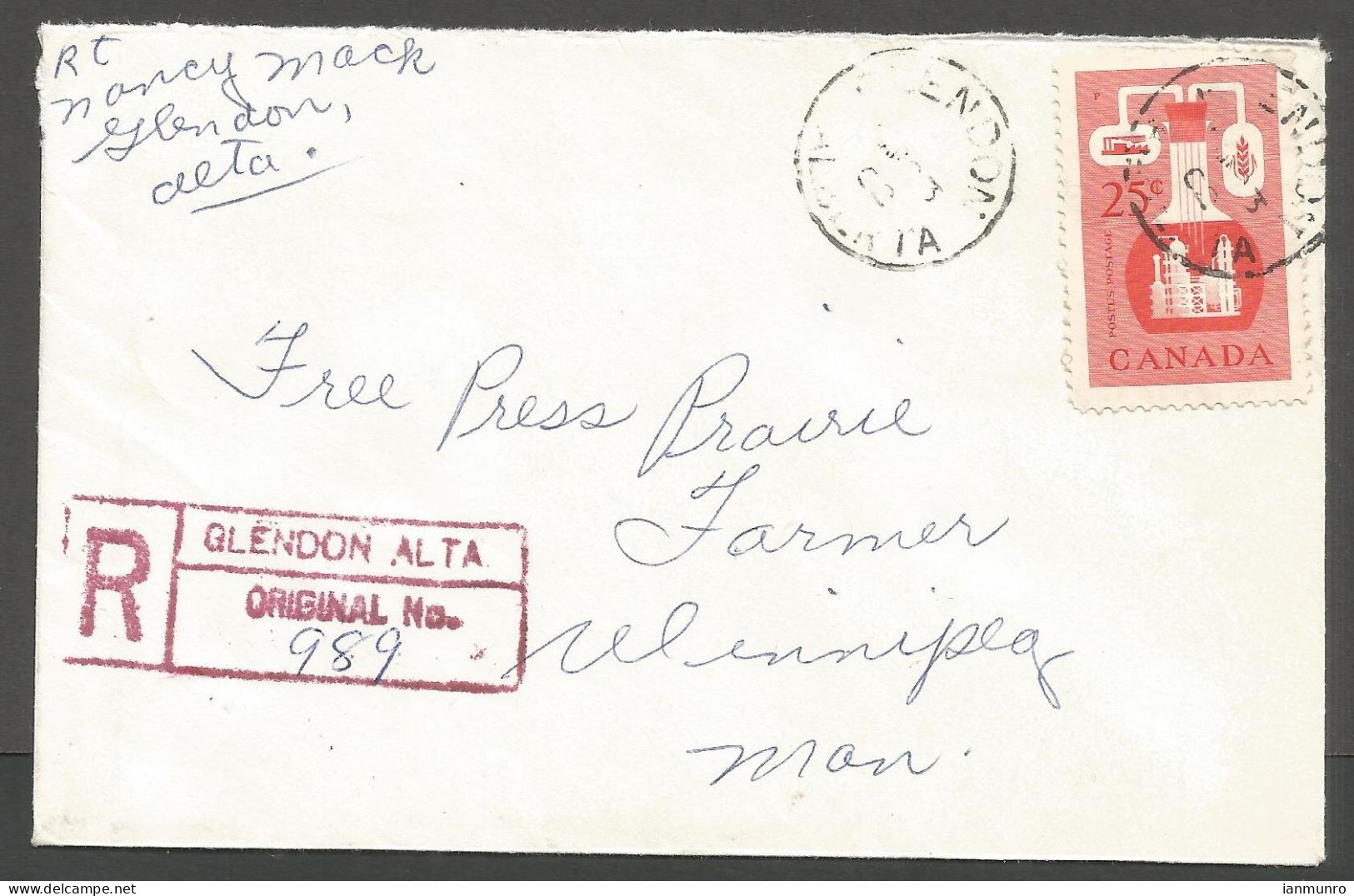 1962 Registered Cover 25c Chemical CDS Glendon AB To Winnipeg Manitoba - Historia Postale