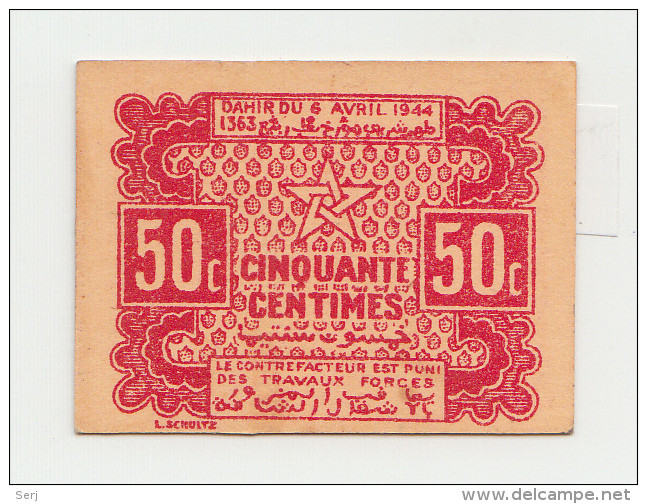 MOROCCO 50 CENTIMES 1944 AUNC P 41 - Marokko