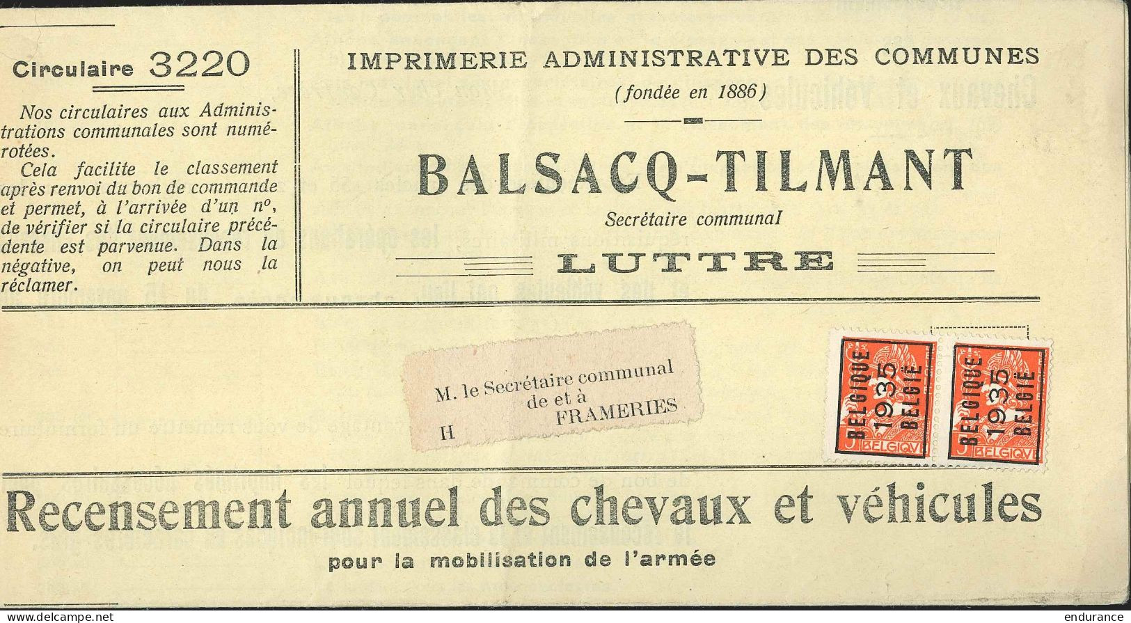 Imprimé "Recensement Annuel Des Chevaux Et Véhicules" De Luttre Affranchi 2x PREO 5c Belgique / 1935 Pour Frameries - Typos 1929-37 (Lion Héraldique)