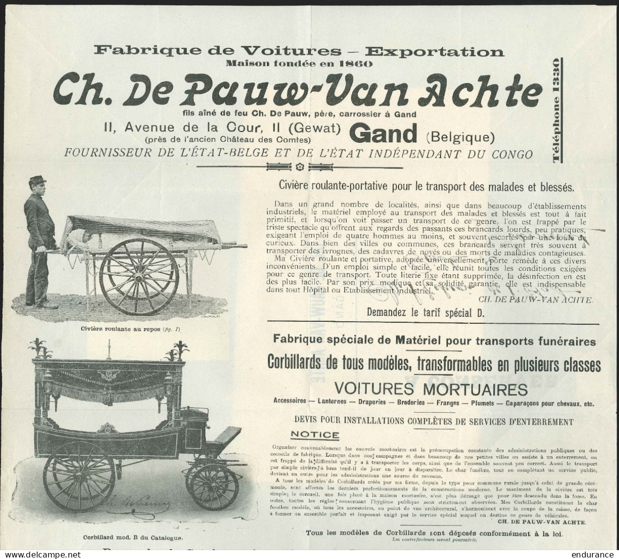 Belgique - Superbe Imprimé Illustré "corbillards & Voitures" Affranchi 1c "PREO GAND / 07" Pour Frameries - Typos 1906-12 (Wappen)