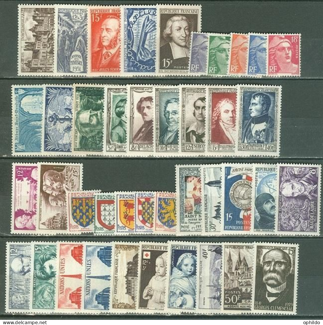 France  Année complete de 1950 à 1959  * *   TB   cote  1575 euro environ