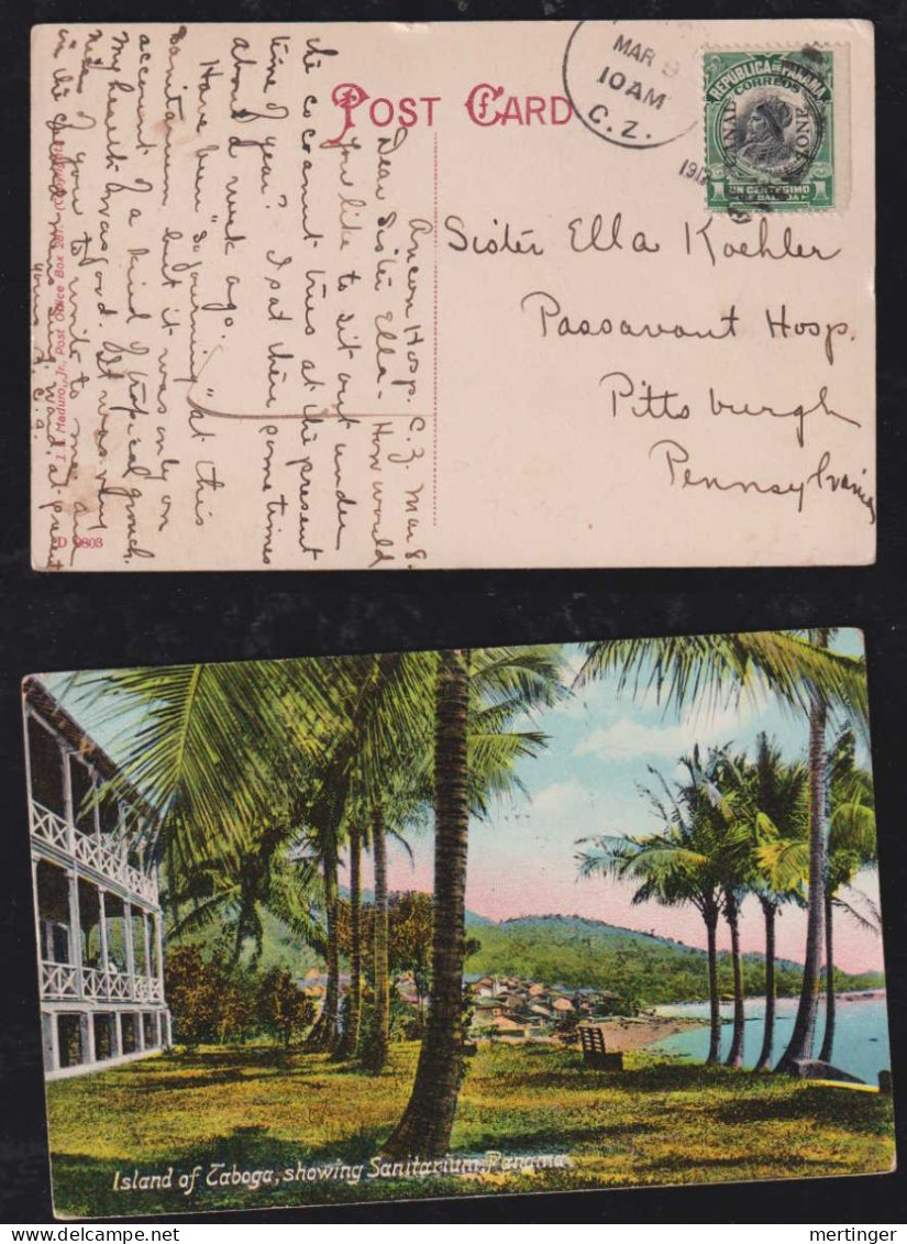 Panama Canal Zone 1912 Picture Postacrd 1c Overprint Right Imperforated ANEON HOSPITAL X PITTBURGH USA - Canal Zone
