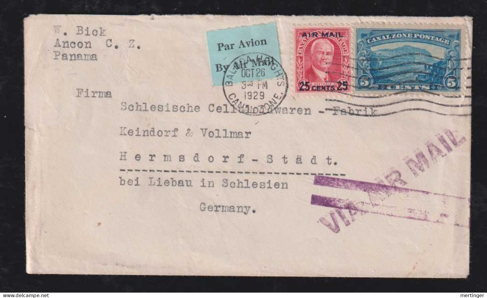 Panama Canal Zone 1929 AIRMAIL Cover ANCON BALBAO HEIGHTS X HERMSDORF LIEBAU Germany Now Poland Sobięcin Wałbrzych - Zona Del Canale / Canal Zone