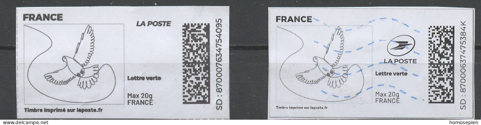 France - Frankreich Timbre Personnalisé Y&T N°MTEL LV20-126 Et 126a - Michel N°BS(?) (o) - Oiseau En Vol Stylisé - Printable Stamps (Montimbrenligne)