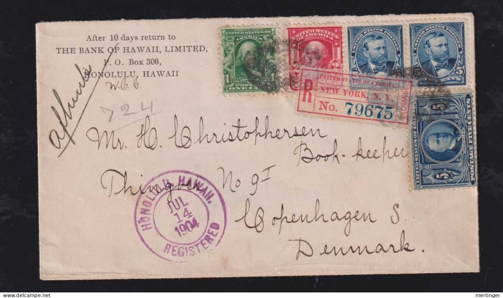 USA HAWAII 1904 Registered Cover HONOLULU X COPENHAGEN Denmark - Hawaï