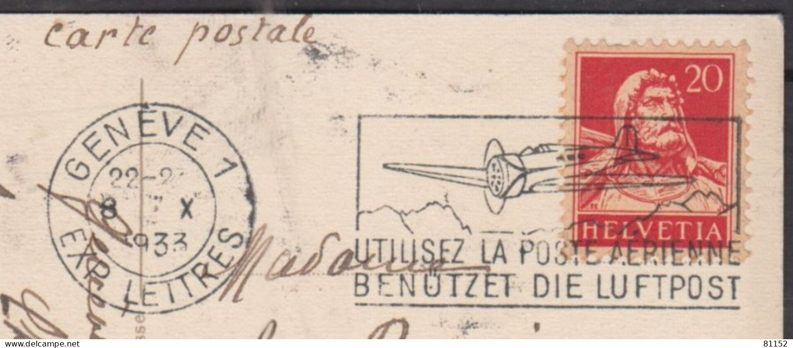 Flamme " POSTE AERIENNE " Sur CPA  " Chateau De Monnetier "  1933 Avec Guillaume Tell 20c Pour ANNECY - Postage Meters