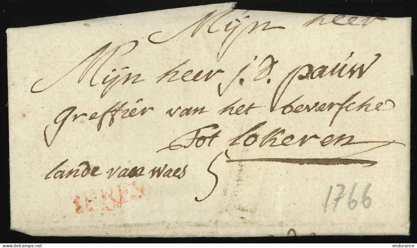 L 1766 Marque YPRES En Rouge + "5" Pour Lokeren - 1714-1794 (Oostenrijkse Nederlanden)