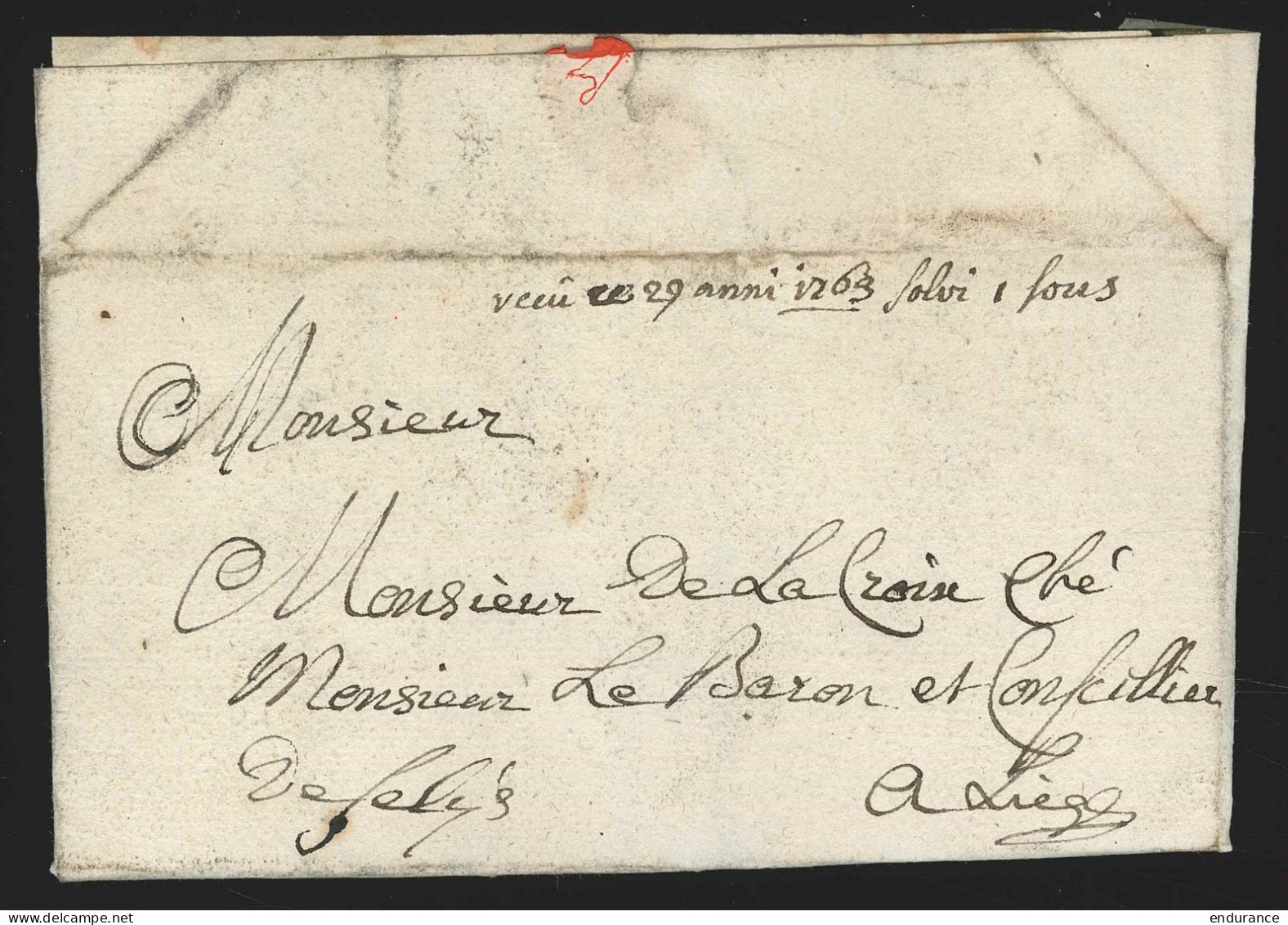 L. Datée De Haccourt 1763 Pour Liège  Man "reçu Le … 1 Sous" - 1714-1794 (Oostenrijkse Nederlanden)