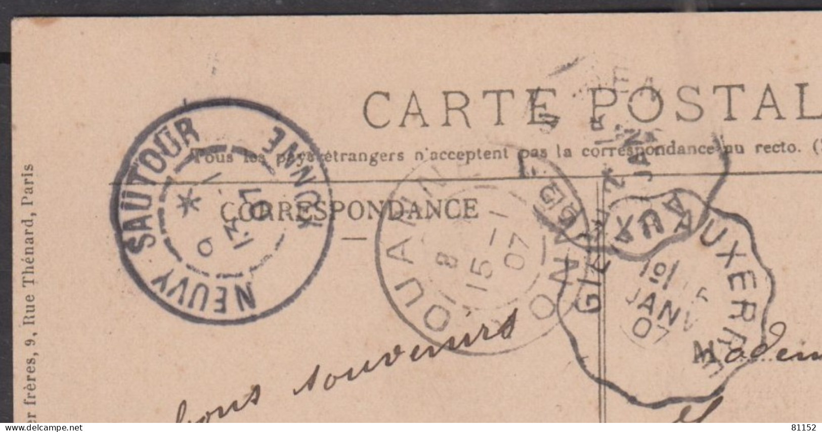 CPA  De  NEUVY-SAUTOUR Yonne    Vue Générale  Avec Blanc 5c 1907  Pour   OUANNE Yonne  + Cachet  AMBULANT - Neuvy Sautour