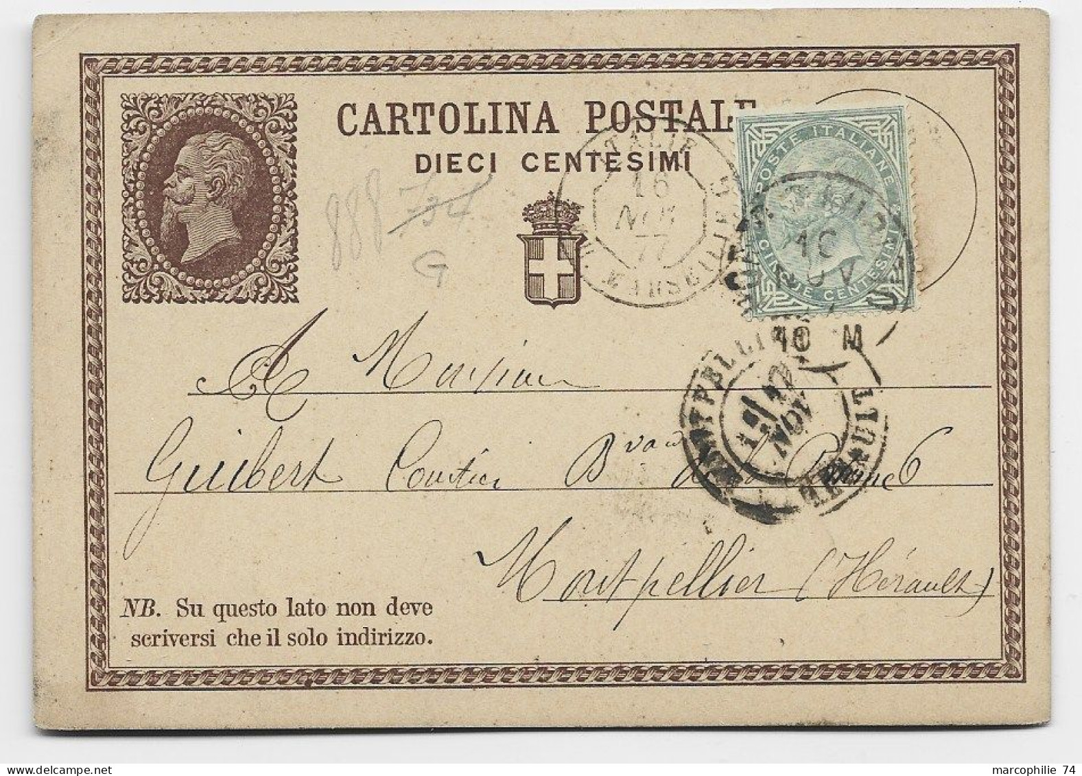 ITALIA ENTIER CARTOLINA POSTALE DIECI CENT + 5C PORT MAURICE 1877 TO FRANCE - Stamped Stationery