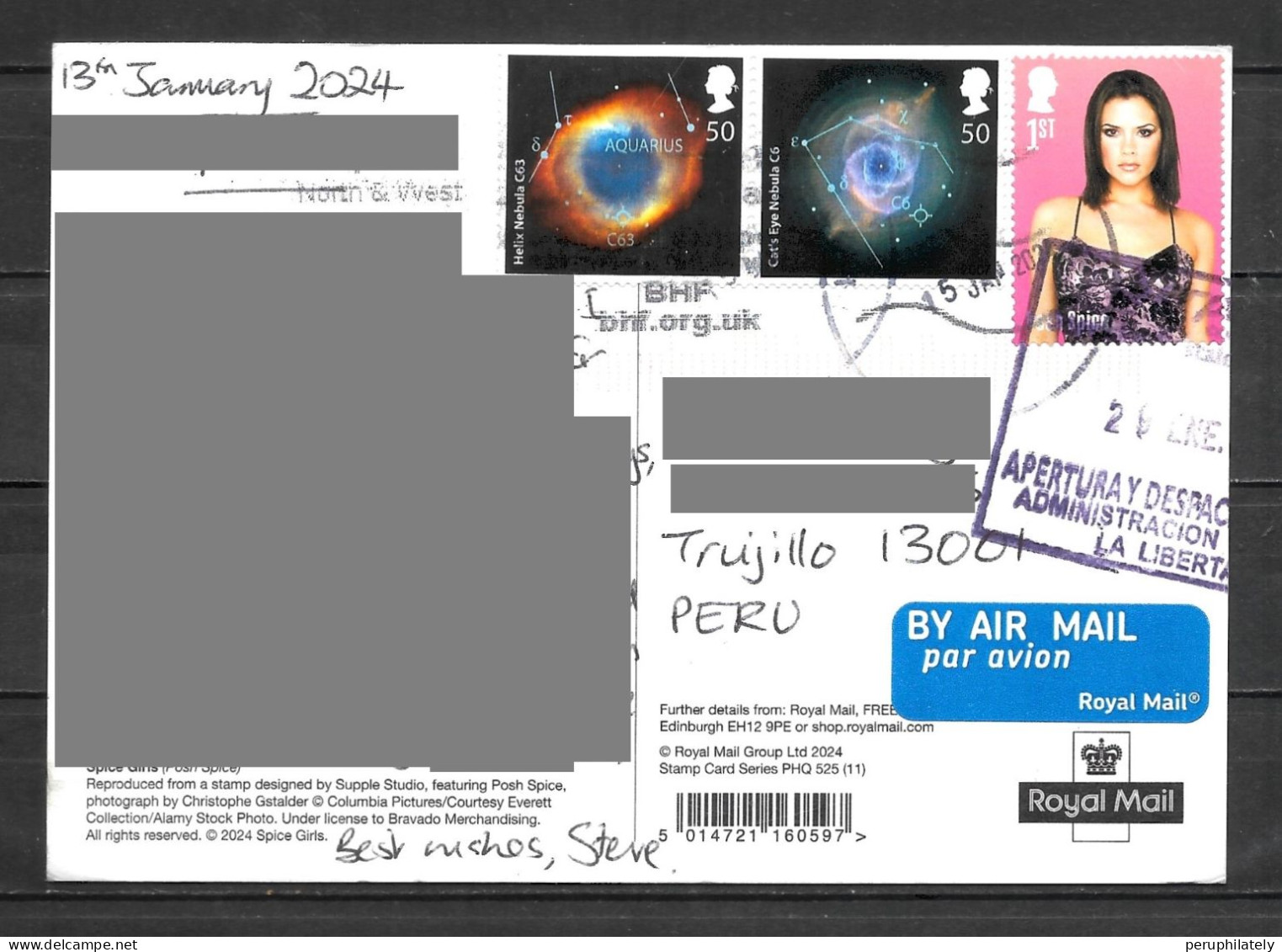UK , Spice Girl Card& Stamp Sent To Peru - Unclassified