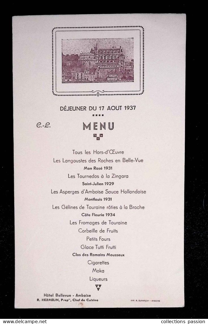 Menu, 1937, Hôtel Bellevue, Amboise, 210 X 125 Mm,  Frais Fr 1.95 E - Menus