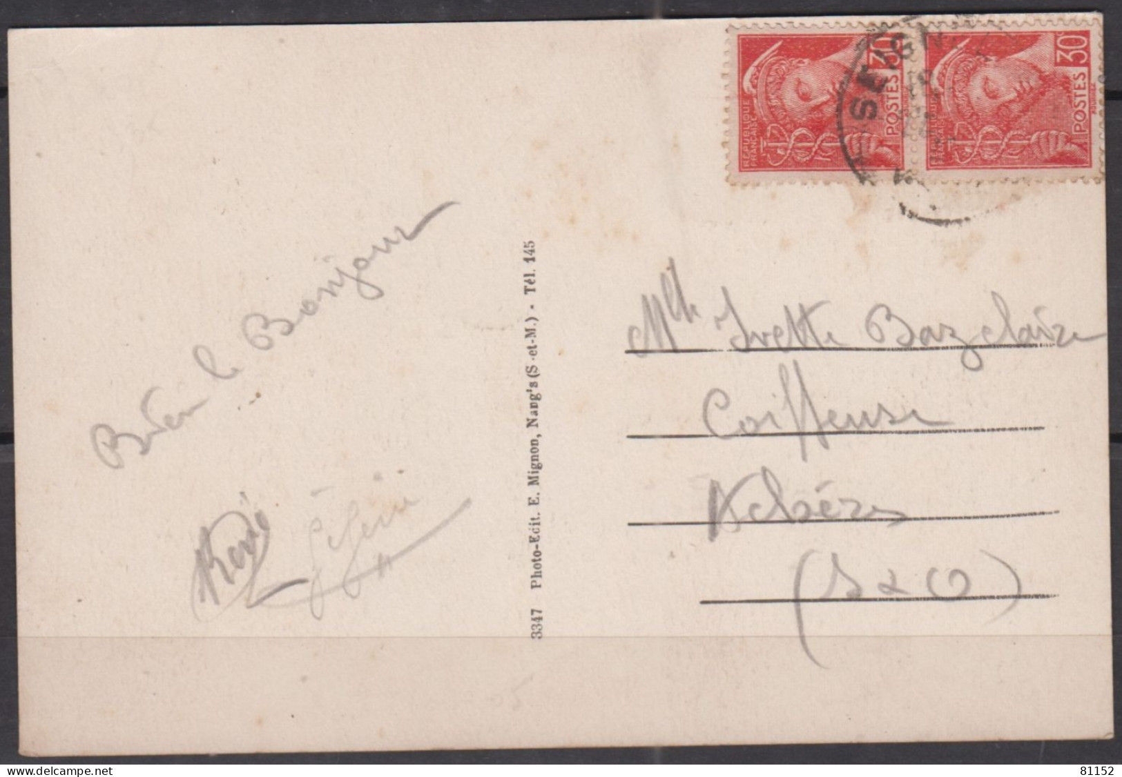 MERCURE 30c Rouge Y.T. 412 La Paire  Sur CPA De  SEIGNELAY Yonne  Porte Bonheur Pour Achères S.et.O. - 1938-42 Mercurius