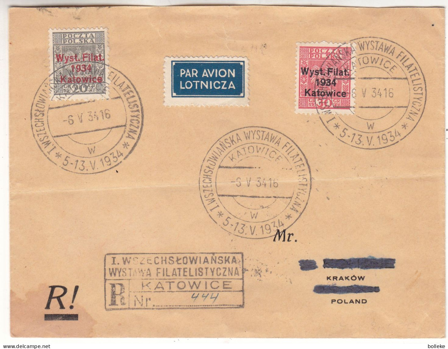 Pologne - Lettre Recom De 1934 - Oblit Katowice - Exp Vers Krakow - - Covers & Documents