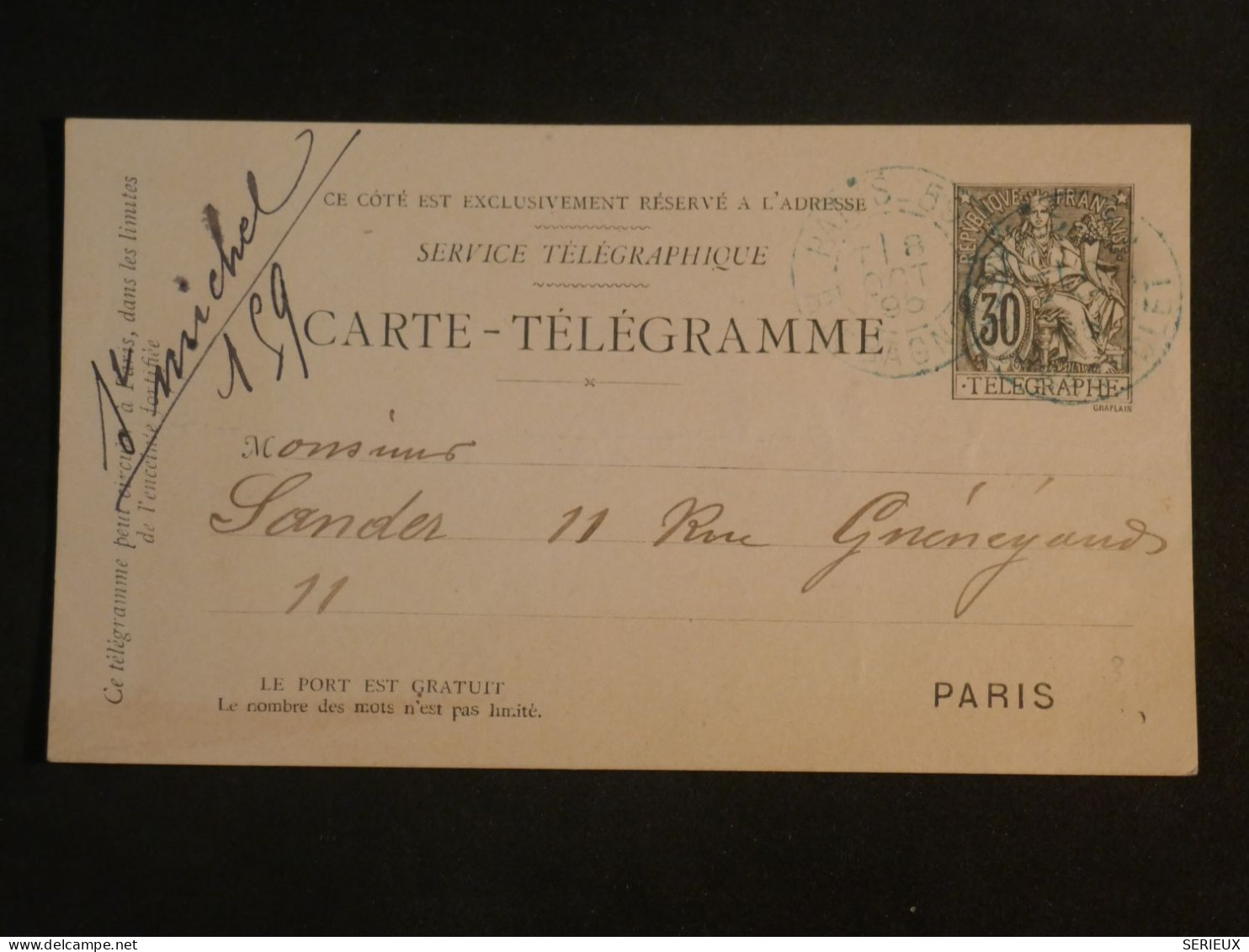 DI 12 FRANCE BELLE  LETTRE  TELEGRAMME   1895  A PARIS     + +++AFF. INTERESSANT+++ - Telegraaf-en Telefoonzegels