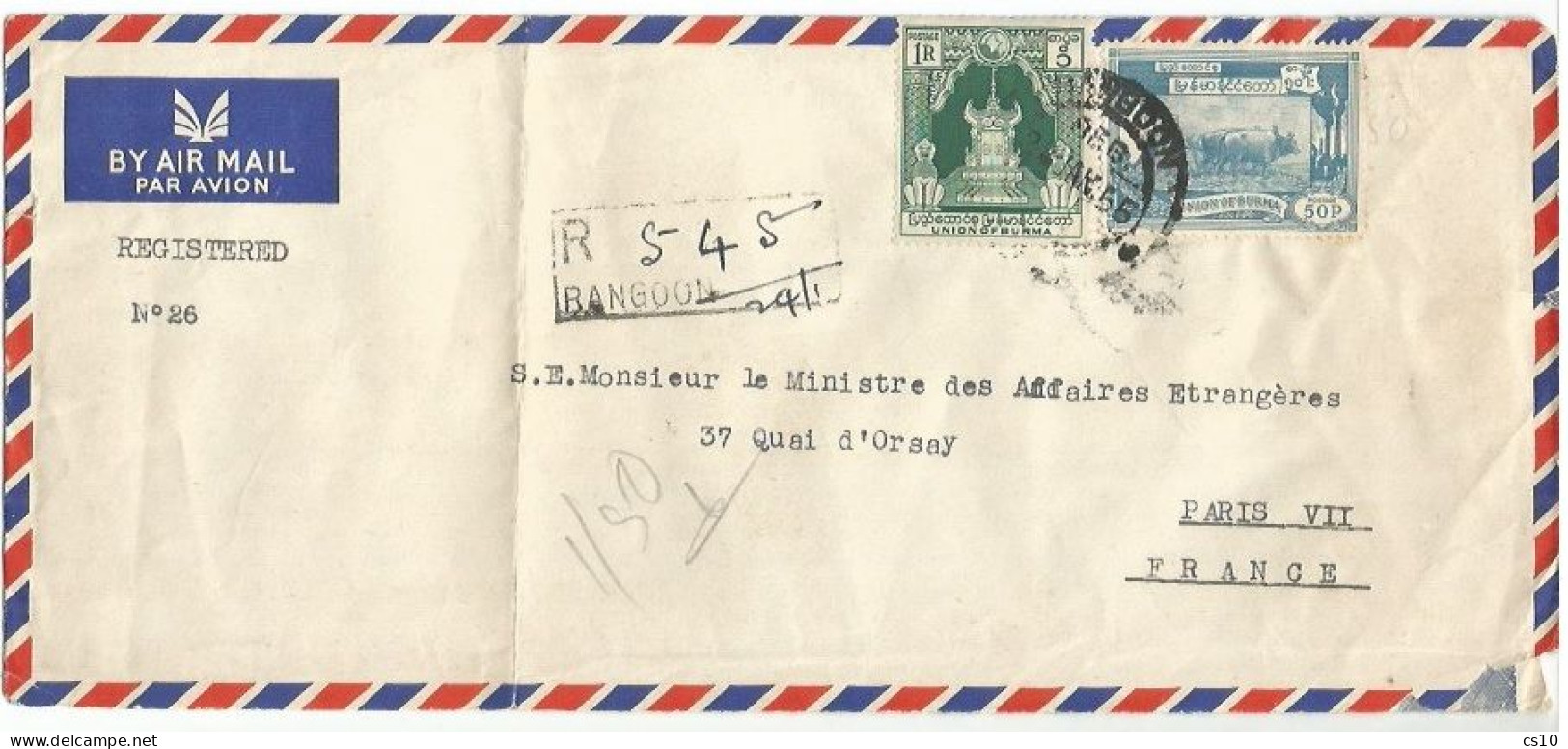 Burma France Legation Registered AirMail Cover Rangoon 24jan1955 X Paris Ministre Affaires Etrangeres With 2 Stamps - Myanmar (Birmanie 1948-...)