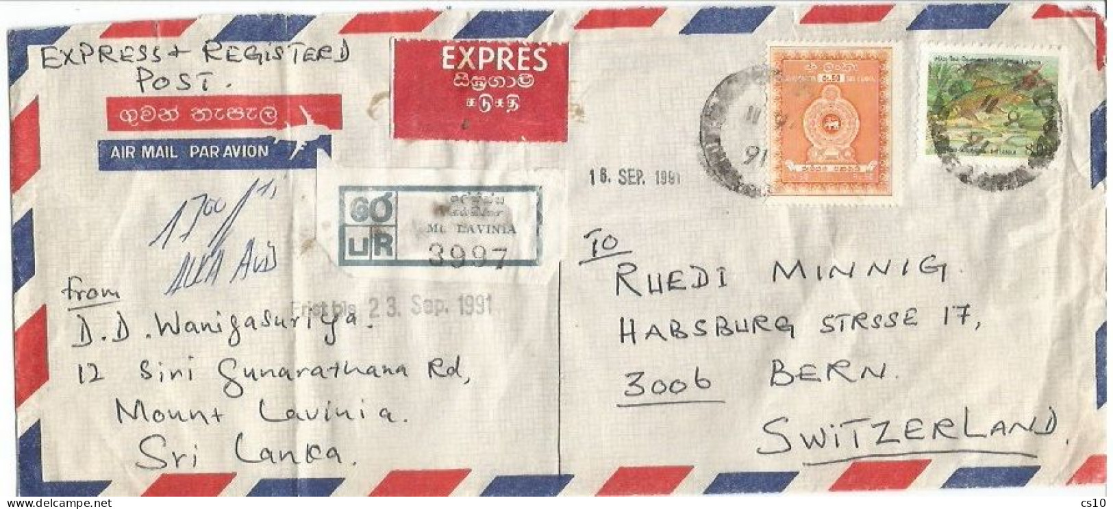 Sri Lanka Registered Airmail Express Cover Mt.Lavinia 11sep1991 To Suisse With 2 Stamps X Rate 8.50 - Sri Lanka (Ceylan) (1948-...)