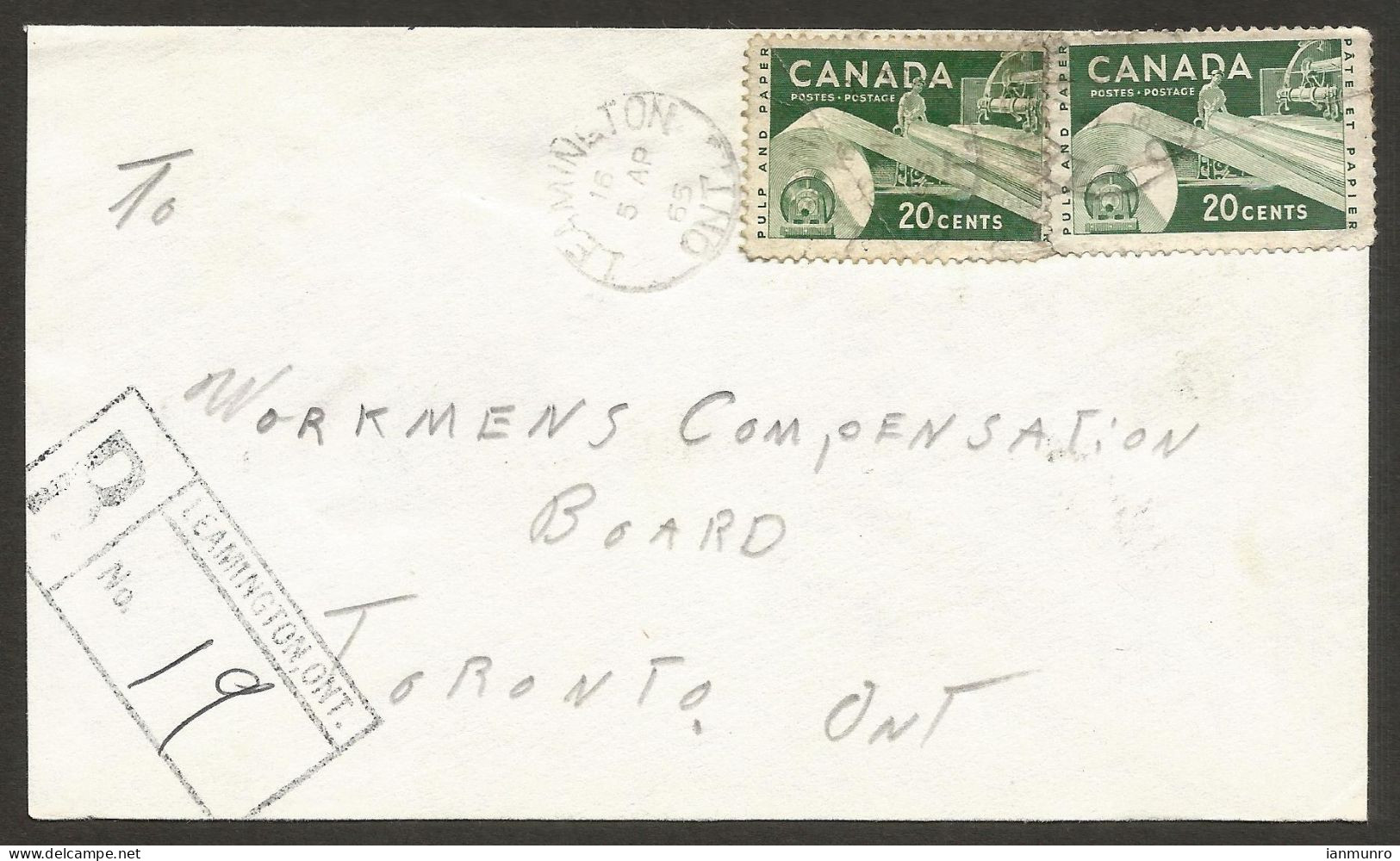 1965 Registered Cover 40c Paper RPO CDS Leamington Ontario To Toronto - Histoire Postale