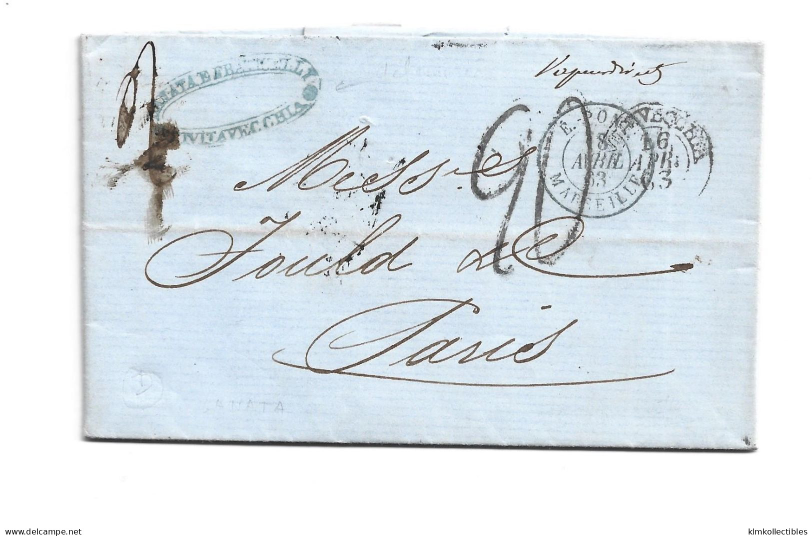 ITALY ITALIA - 1863 CITAVECCHIA TO PARIS FRANCE FORWARDED LETTER BRIEF LETTRE VAPOR DIRECT - Other & Unclassified