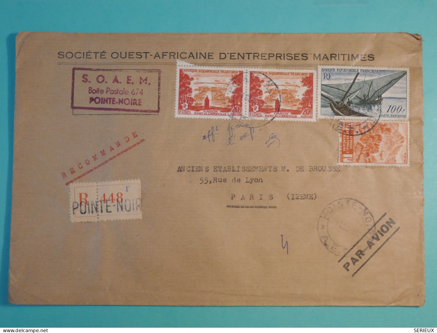 DI 12 AEF  BELLE  LETTRE  RECO. ENTREP. MARITIMES  1955 POINTE NOIRE A PARIS FRANCE  +++AFF. INTERESSANT+++ - Storia Postale